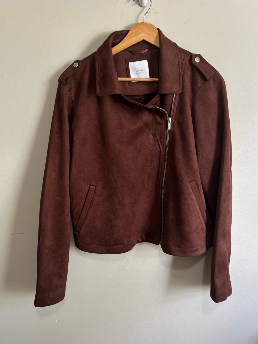 LC Lauren Conrad Chocolate Brown Faux Suede Moto Jacket Size L
